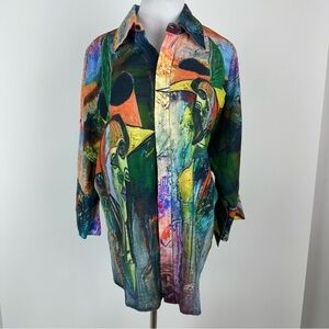Dilemma Picasso Abstract Face Print Colorful Oversized Button Down Shirt